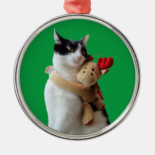 Weiße und schwarze Katze und Weihnachtsmann-Rentie Silbernes Ornament