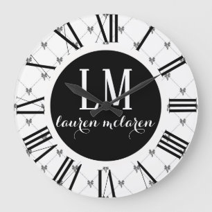 Weiße und schwarze Monogrammschleife Große Wanduhr