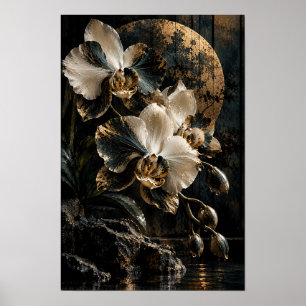 Weiße und schwarze Phalaenopsis-Orchideen mit gold Poster