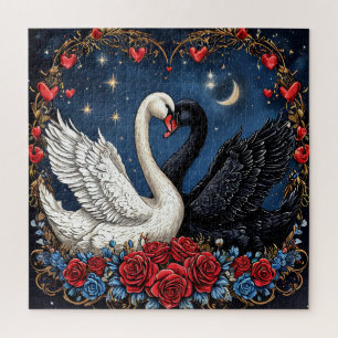 Weiße und schwarze Schwäne mit Herzen und Rosen Puzzle