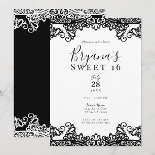 Weiße und schwarze Spitze Elegante Sweet 16 Party Einladung