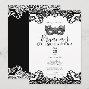 Weiße und schwarze Spitze Masquerade 15. Quinceañe Einladung