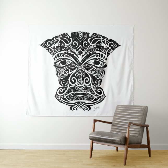 Weiße und schwarze Tiki-Maske Wandteppich (Beispiel (Horizontal))