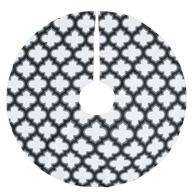 Weiße und schwarze Trellis, Gitter, Quatrefolie Polyester Weihnachtsbaumdecke (Vorderseite)