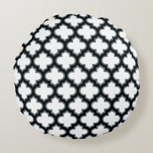 Weiße und schwarze Trellis, Gitter, Quatrefolie Rundes Kissen
