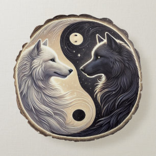 Weiße und schwarze Wölfe, die Yin und Yang repräse Rundes Kissen