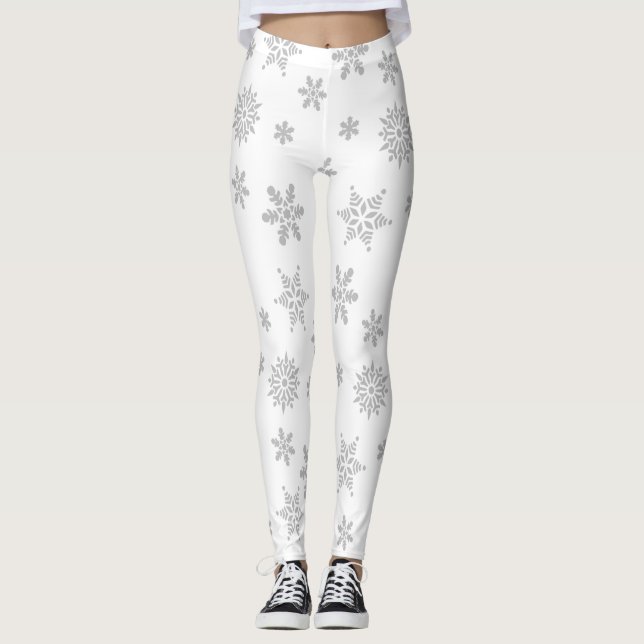 Weiße und silberne Schneeflocken Leggings (Vorderseite)