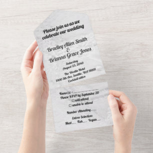 Weiße und silberne Spitze und Perlen auf Satin All In One Einladung
