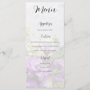 Weiße und violette Blumen an alter Spitze Menükarte
