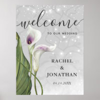 Weiße und violette Calla-Lilie Willkommen Hochzeit