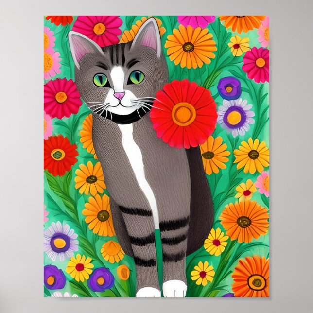 Weiße und weiße Katzen und rote Blume Poster (Vorne)
