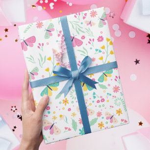 Weiße verspielte Garten-Schmetterlings-Mädchen-Geb Geschenkpapier