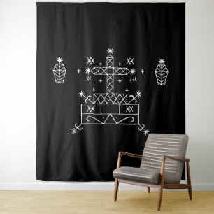 Weiße Veve des Baron Samedi auf Schwarz Wandteppich