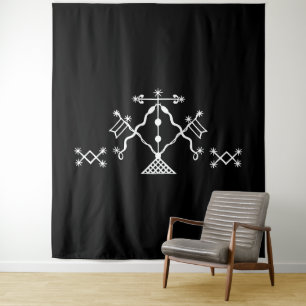 Weiße Veve von Damballah auf Schwarz Wandteppich