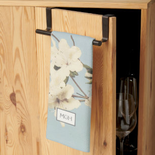 Weiße Vintage-Azaleenblüten mit Monogramm in Creme Geschirrtuch