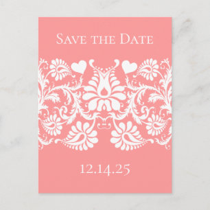 Weiße Vintage-Damask auf Pinky Peach Ankündigungspostkarte