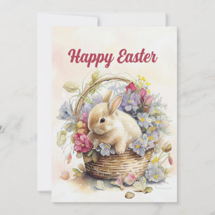 Weiße Vintage-Hasenkorb-Blumen Frohe Ostern Feiertagskarte
