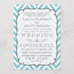 Weiße Vintage-Hochzeit mit himmelblauen Chevron-St Einladung