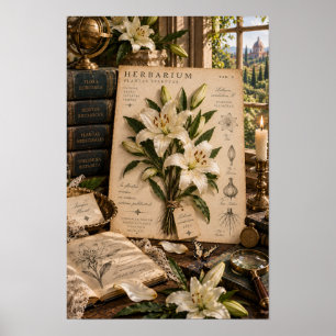 Weiße Vintage-Lilien Herbarium Bibliothek Wandkuns Poster