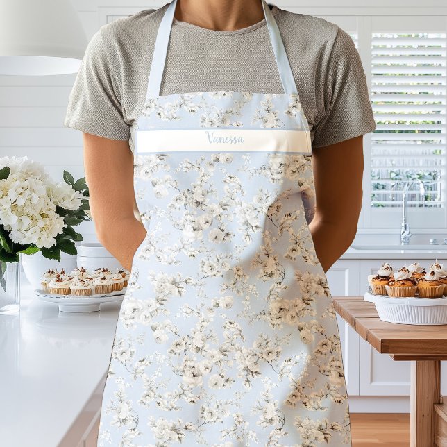Weiße Vintage-Rosen auf hellblauem Apron Schürze (Vintage Rose white Light Blue Apron)
