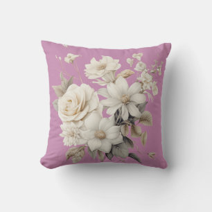 Weiße Vintage-Rosen & rosa Hintergrund Kissen