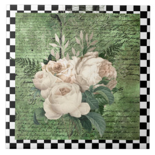 Weiße Vintage-Rosen & Schachbrett Fliese