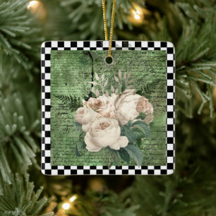 Weiße Vintage-Rosen & Schachbrett Keramikornament
