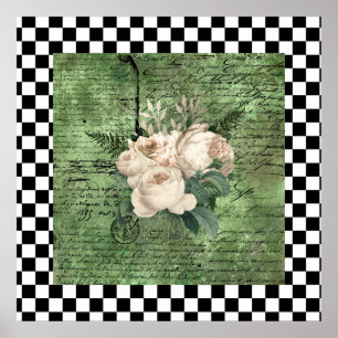 Weiße Vintage-Rosen & Schachbrett Poster