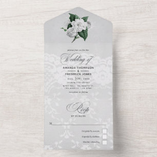 Weiße Vintage-Rosen und Spitze Hochzeit All In One Einladung
