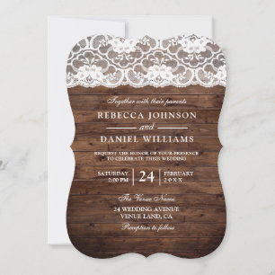 Weiße Vintage-Spitze rustikale Holz-Hochzeitseinla Einladung