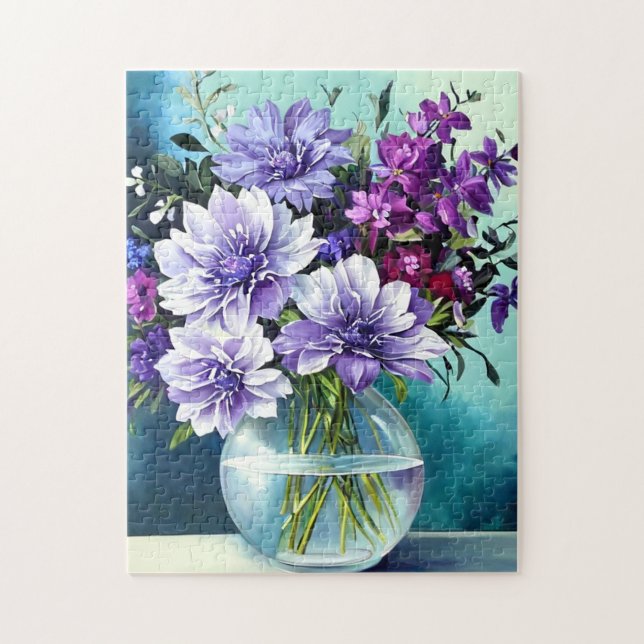 Weiße violette Blumen in einer Vase Puzzle (Vertikal)