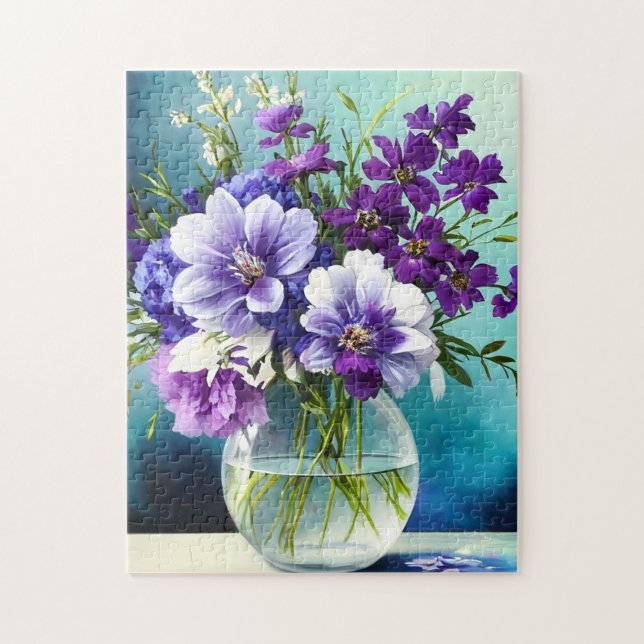 Weiße violette Blumen in einer Vase Puzzle (Vertikal)