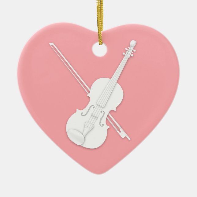Weiße Violine und Bow Mauve Pink Custom Heart Keramik Ornament (Vorne)