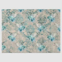 Weiße Vögel, Blaublumen und Newsprint Seidenpapier