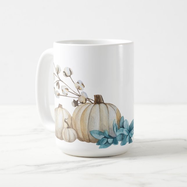 WEISSE WASSERFALLPUMPKINS UND BLUE BLUMEN KAFFEETASSE (Vorderseite Links)
