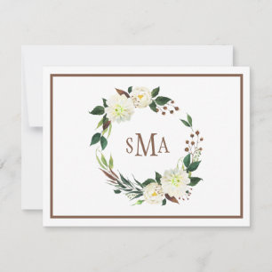 Weiße Wasserfarben Blumenreath Elegantes Monogramm Mitteilungskarte