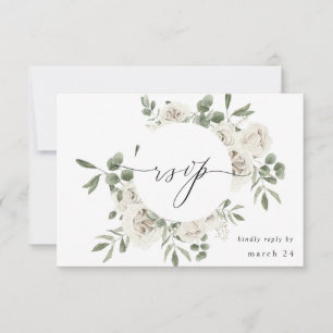 Weiße weiche Blüten und Eukalyptus zu den Mahlzeit RSVP Karte