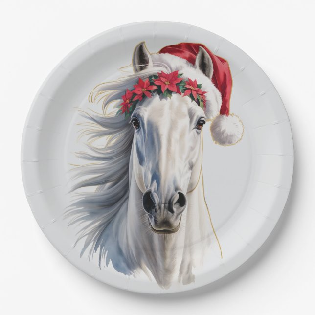 Weiße Weihnachts-Pferd-Papierplatte Pappteller (Vorderseite)