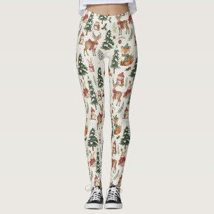 Weiße Weihnachts-Wald-Fuchs-Hasen-Muster Leggings