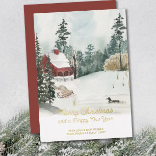 Weiße Weihnachts-Wasserfarben-Winterlandschaft Gol Folien Feiertagskarte