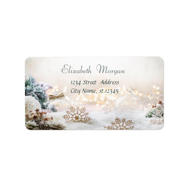 Weiße Weihnachtsbälle, Schneeflocken Adressaufkleber (Vorne)