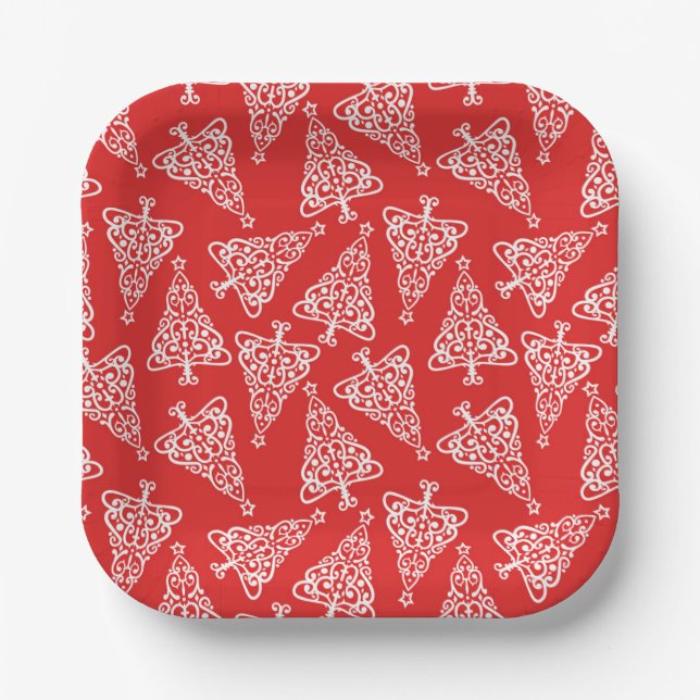 Weiße Weihnachtsbaume mit rotem Backing Square Pappteller (Vorderseite)