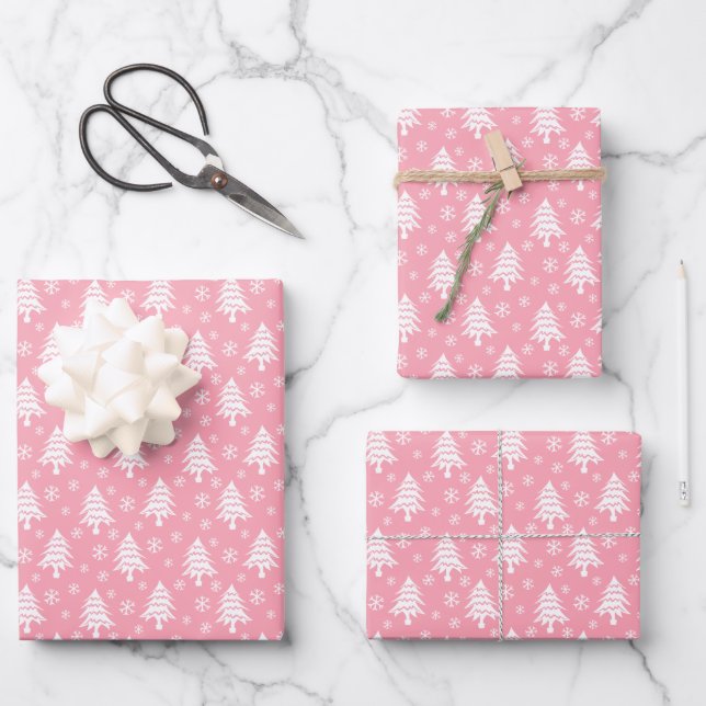 Weiße Weihnachtsbaume Schneeflocke Rosa Weiß Geschenkpapier Set (Vorderseite)