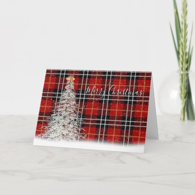 Weiße Weihnachtsbaume und Hirsche auf Tartan Karie Karte (Vorderseite)