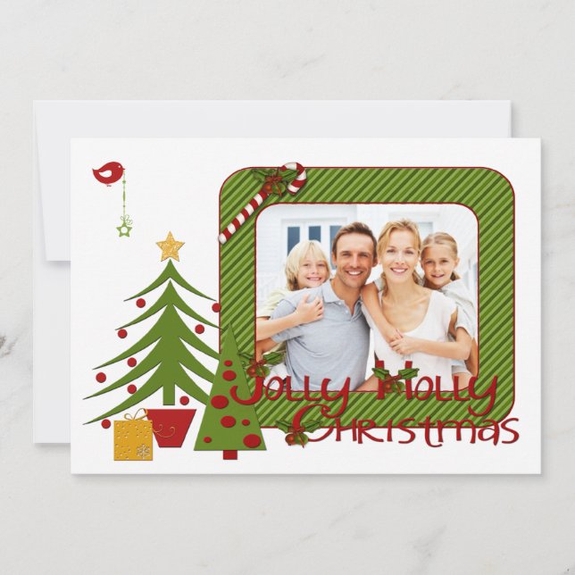 Weiße Weihnachtsbäume, Vögel, Streifen Fotokarte Feiertagskarte (Vorderseite)