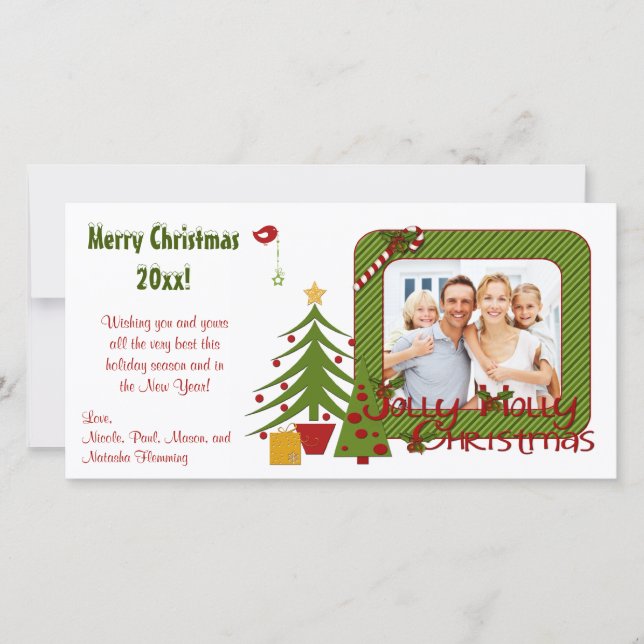 Weiße Weihnachtsbäume, Vögel, Streifen Fotokarte Feiertagskarte (Vorderseite)