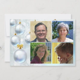 Weiße Weihnachtsdekorationen und vier Fotos Feiertagskarte