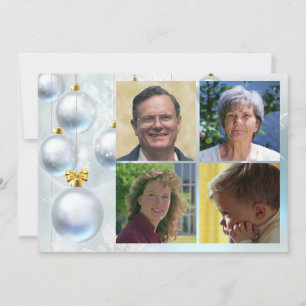 Weiße Weihnachtsdekorationen und vier Fotos Feiertagskarte