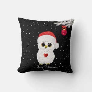 Weiße Weihnachtseule auf Schwarz Kissen