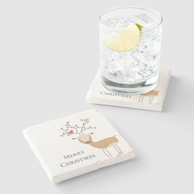 Weiße Weihnachtsferde mit Vögeln Steinuntersetzer (Seitenansicht)